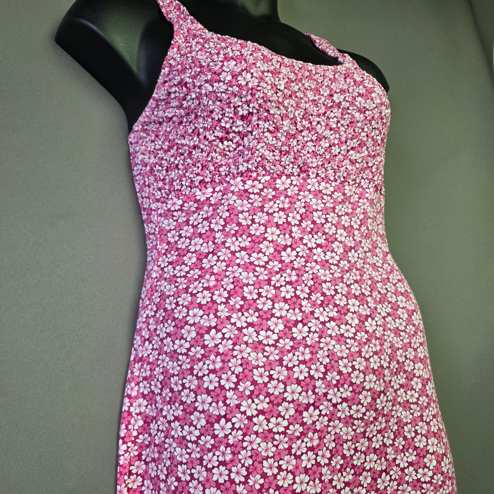Spoiled Girl Pink Floral Smocked Popcorn Bodice Midi Dress Medium Made in USA
